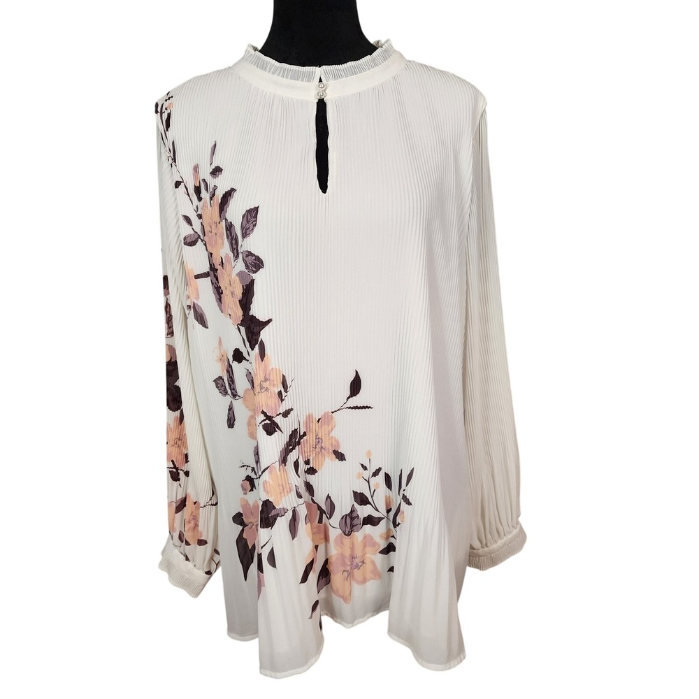 MIDNIGHT VELVET Size XL Pleated Floral Chiffon Keyhole Neck Flowy Tunic Blouse
